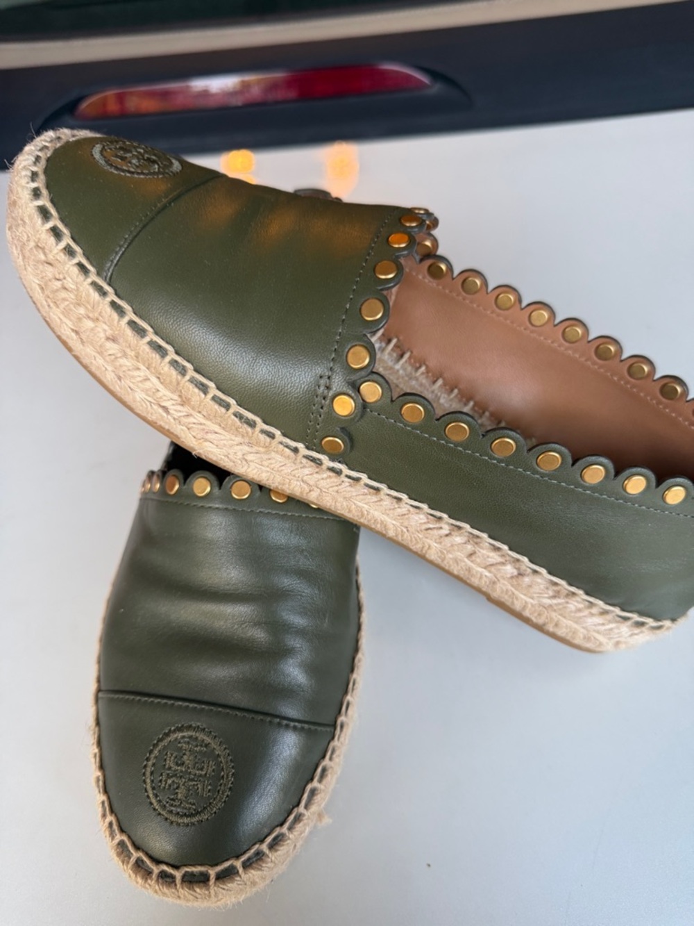 Tory Burch Olive Green Leather Espadrille with Gold Stud Accents